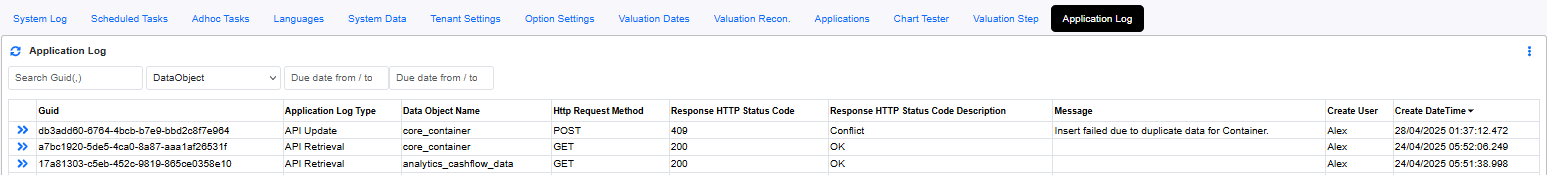 API Guide API Application Log API Update Application Log Results