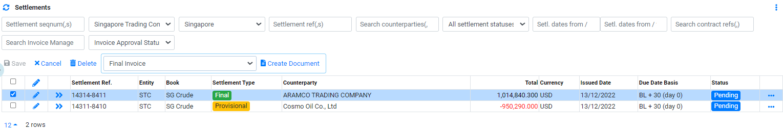 Settlement Create Invoice