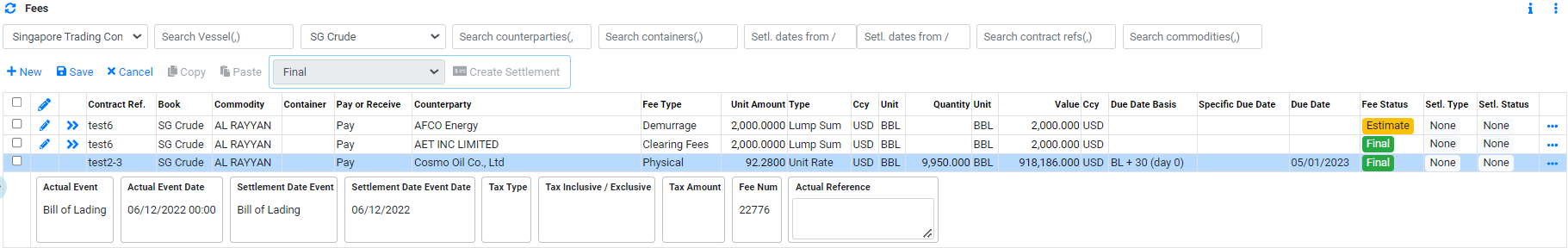 Settlement Create Fee Settlement Details