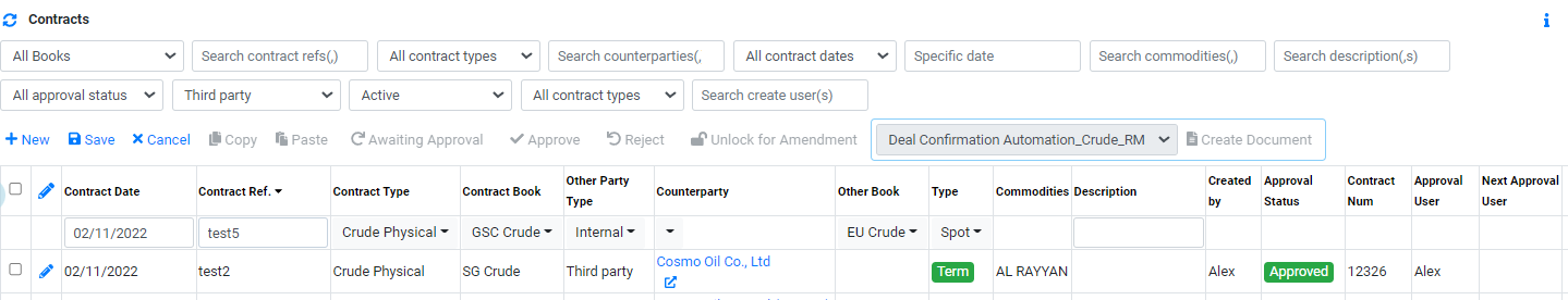 Trading Physical Internal Contract