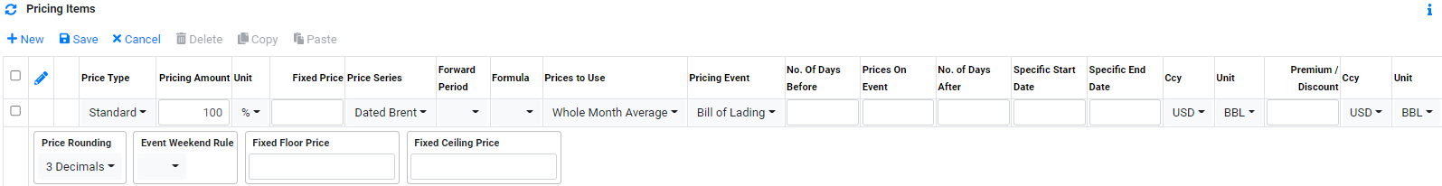 Trading Physical Spot Deal Pricing Items