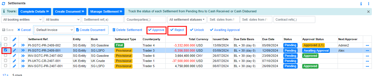 Settlement Approvals to approve or reject