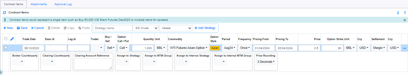 Trading Paper Asians Options Contract Items